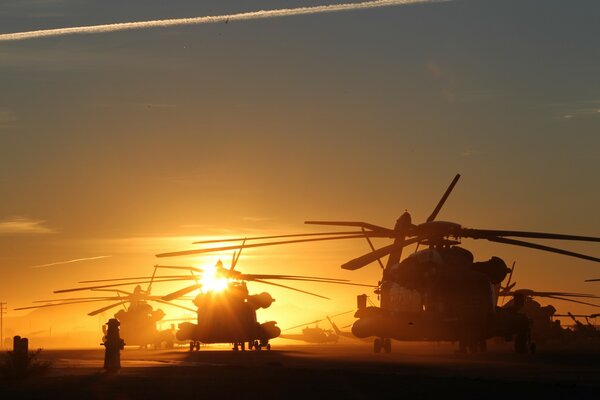 Plusieurs hélicoptères se tiennent au coucher du soleil