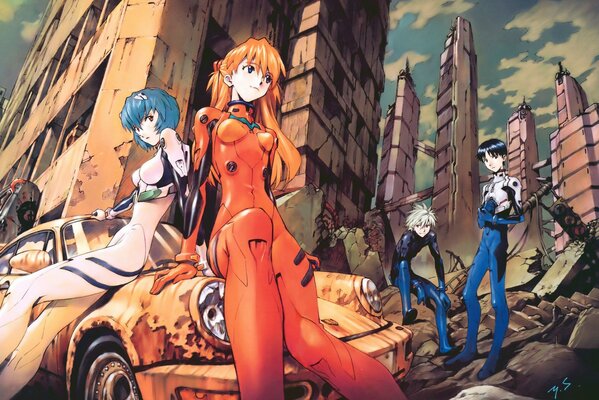 Anime beautiful girls on an orange car on the background of evangelion