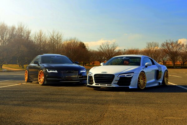 Weißer audi r8 und schwarzer Vossen a7