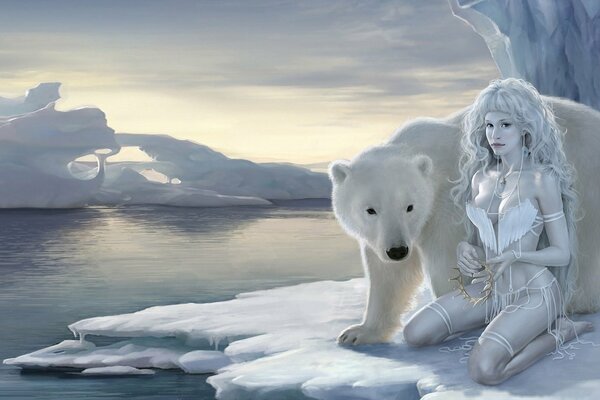 Seksowna dziewczyna obok niedźwiedzia polarnego