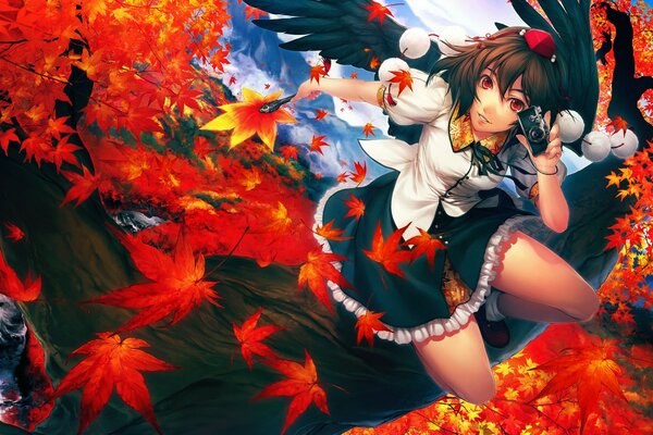 Anime fille en feuilles d érable rouge