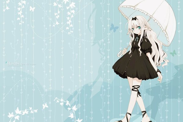 Ragazza in abito nero e ombrello bianco
