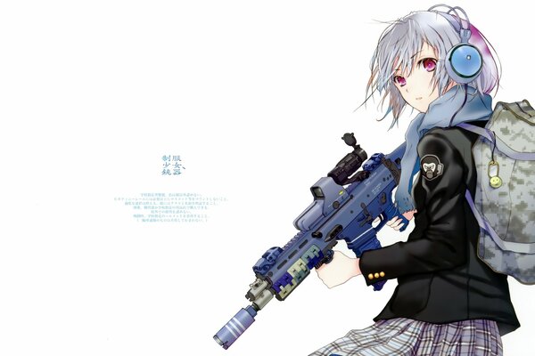 A cute girl in a backpack and with a machine gun in her hands