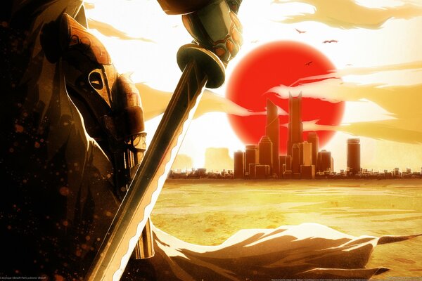 Afrosamurai at sunset of the city with a revolver