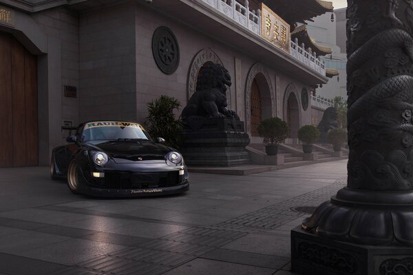 Black Porsche in a beautiful place