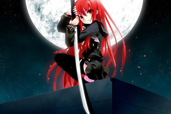 A girl with a sword on the background of the moon