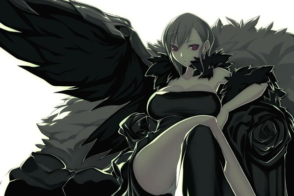 Аниме девушка с чёрными крыльями. Падший ангел