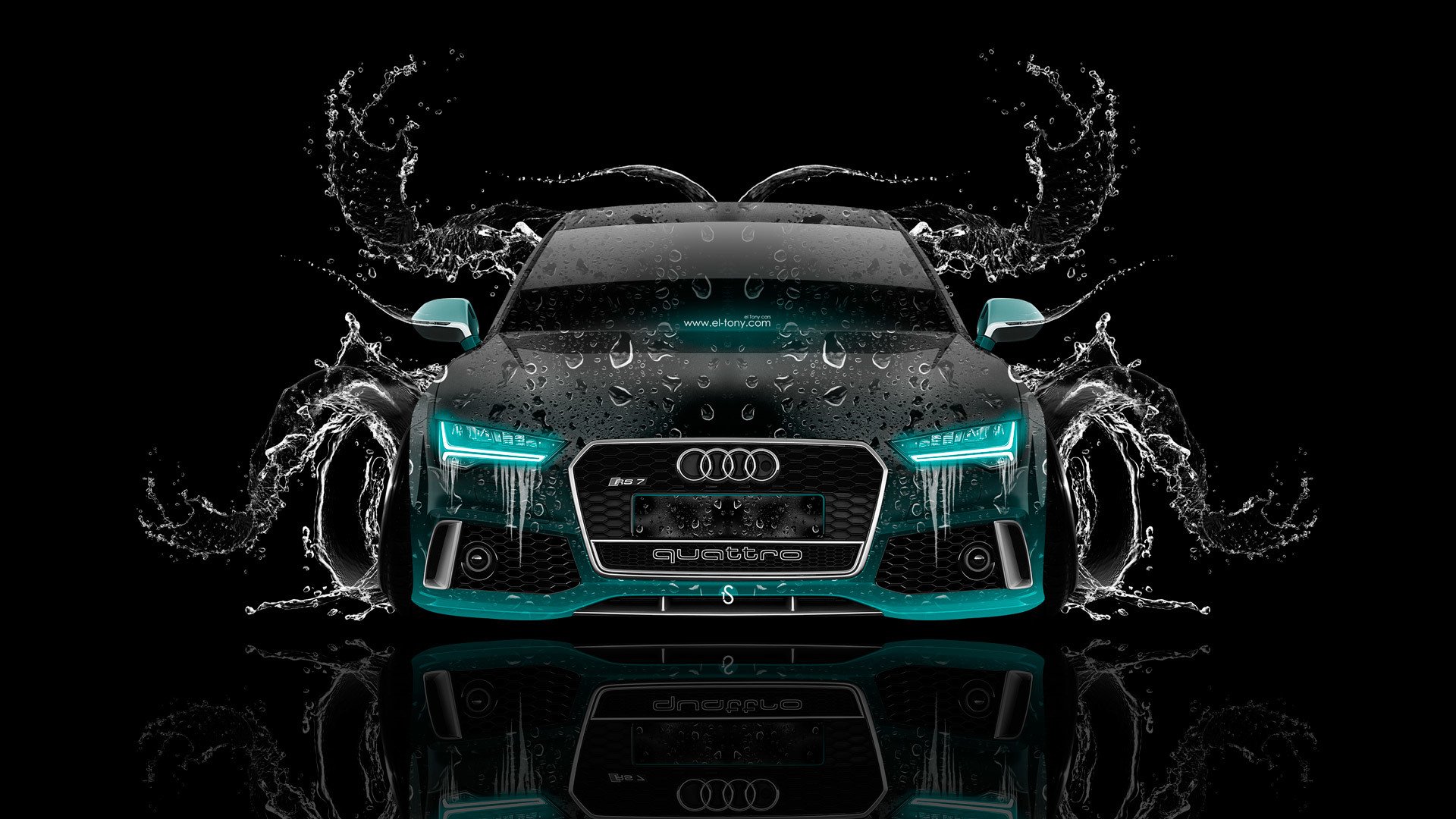 tony kohan audi rs7 front wasser auto azurblau neon schwarz el tony cars photoshop wallpaper design kunst stil audi rs7 vorderansicht wasser auto effekte türkis hintergrund kunst 2014