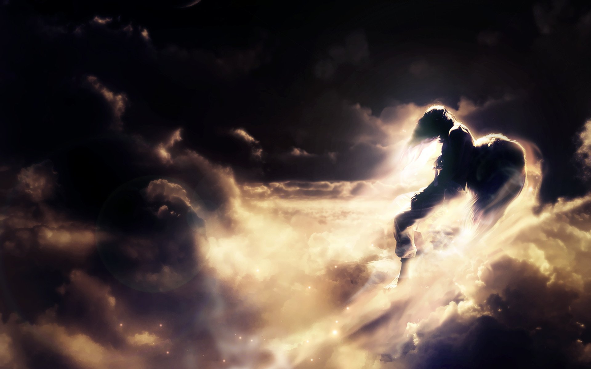 fiction fantasy the sky clouds rays the sun flight guy angel color background wallpaper