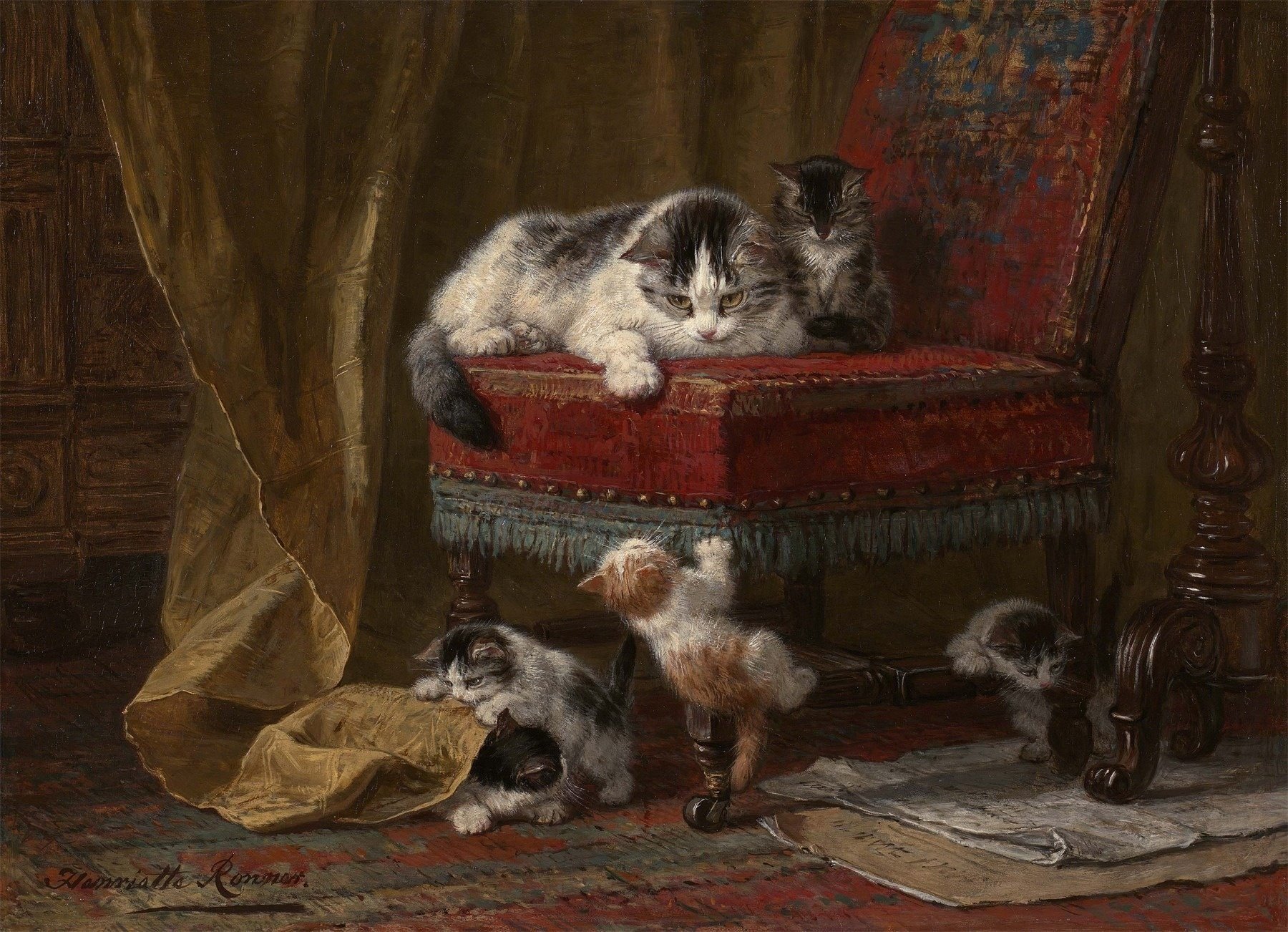 painting art cat five kitten chair cat gattini bambini giocano vernice pittura sedia animali felini