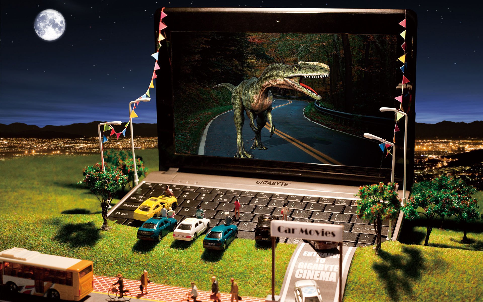 gigabyte modellini netbook miniatura cinema macchine dinosauro collina città giocattoli lanterne computer portatile alberi