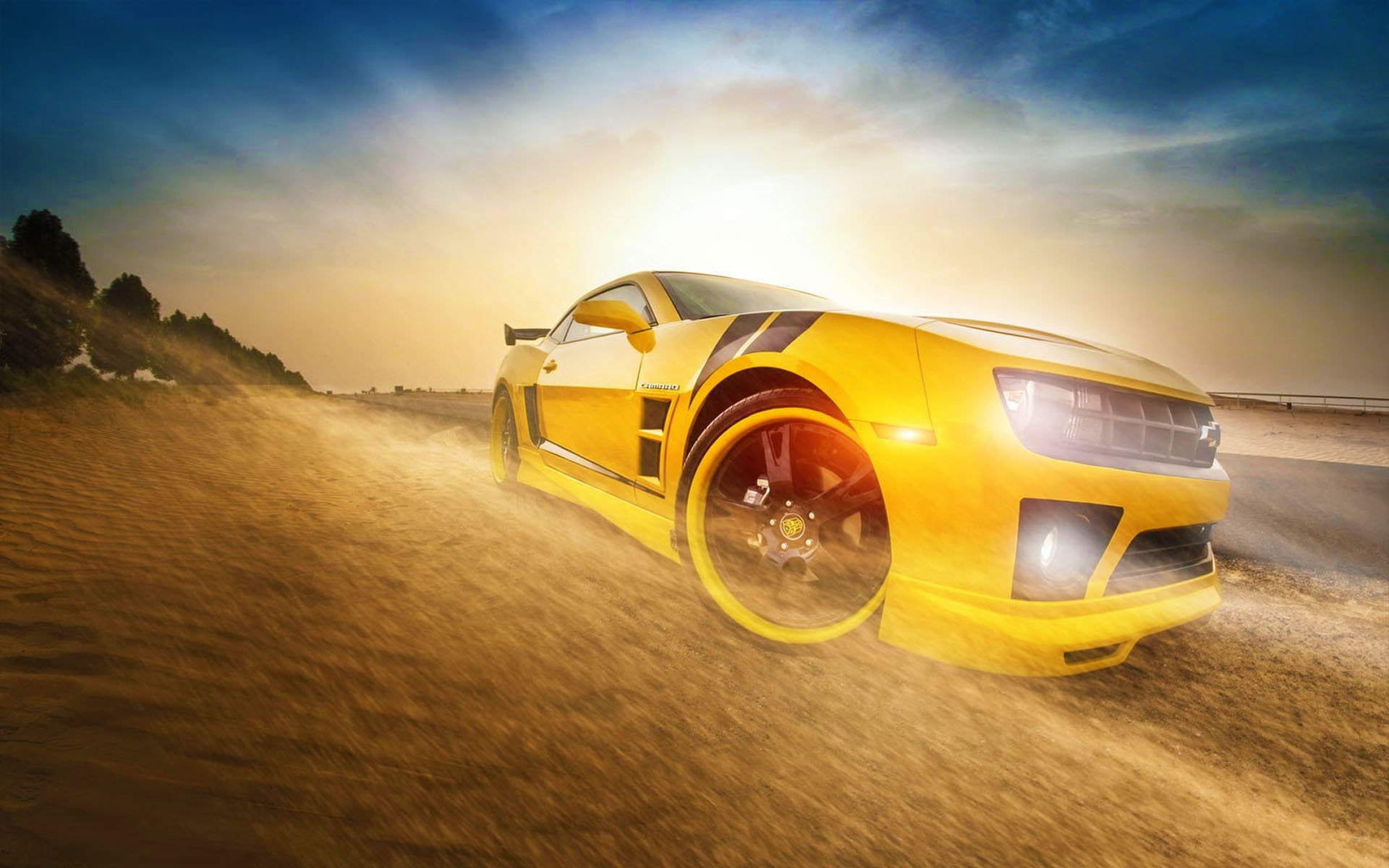 chevrolet camaro ss amarillo bumblebee transformadores sol coche frente