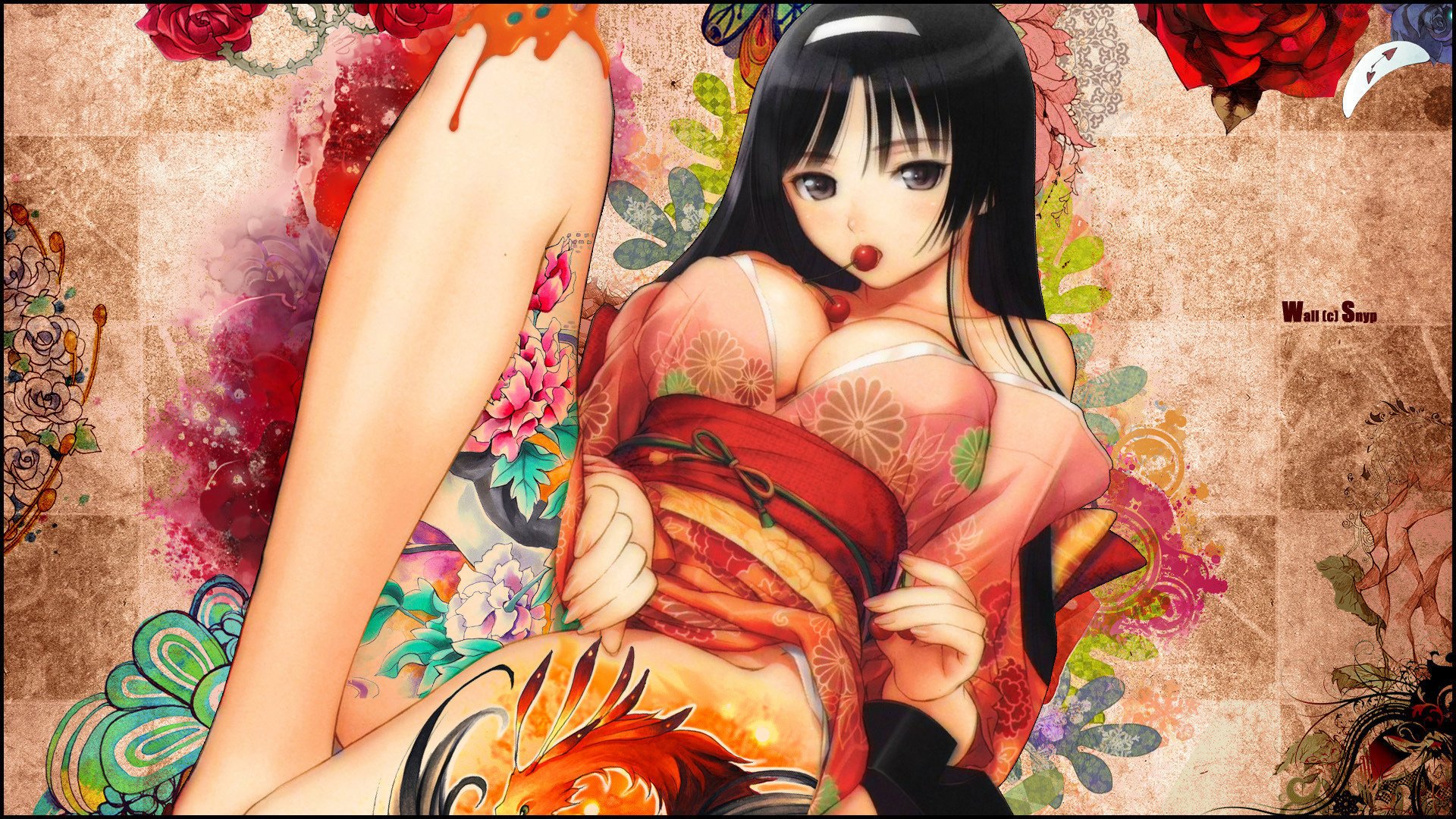 mädchen geisha tätowierung muster kirschen tony taka ecchi erotisch mädchen gesicht augen zeichnungen tätowierung brust