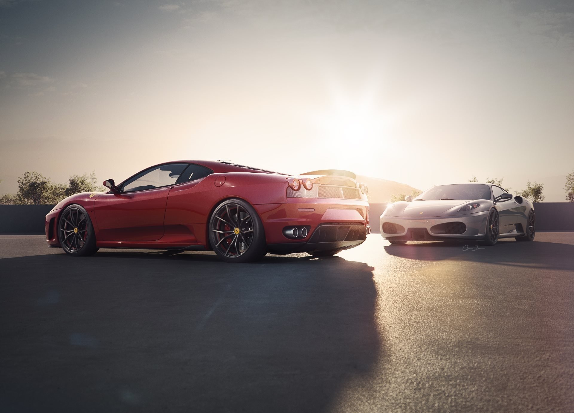 ferrari f430 scuderia spinne rot silber supercar himmel sonnenuntergang