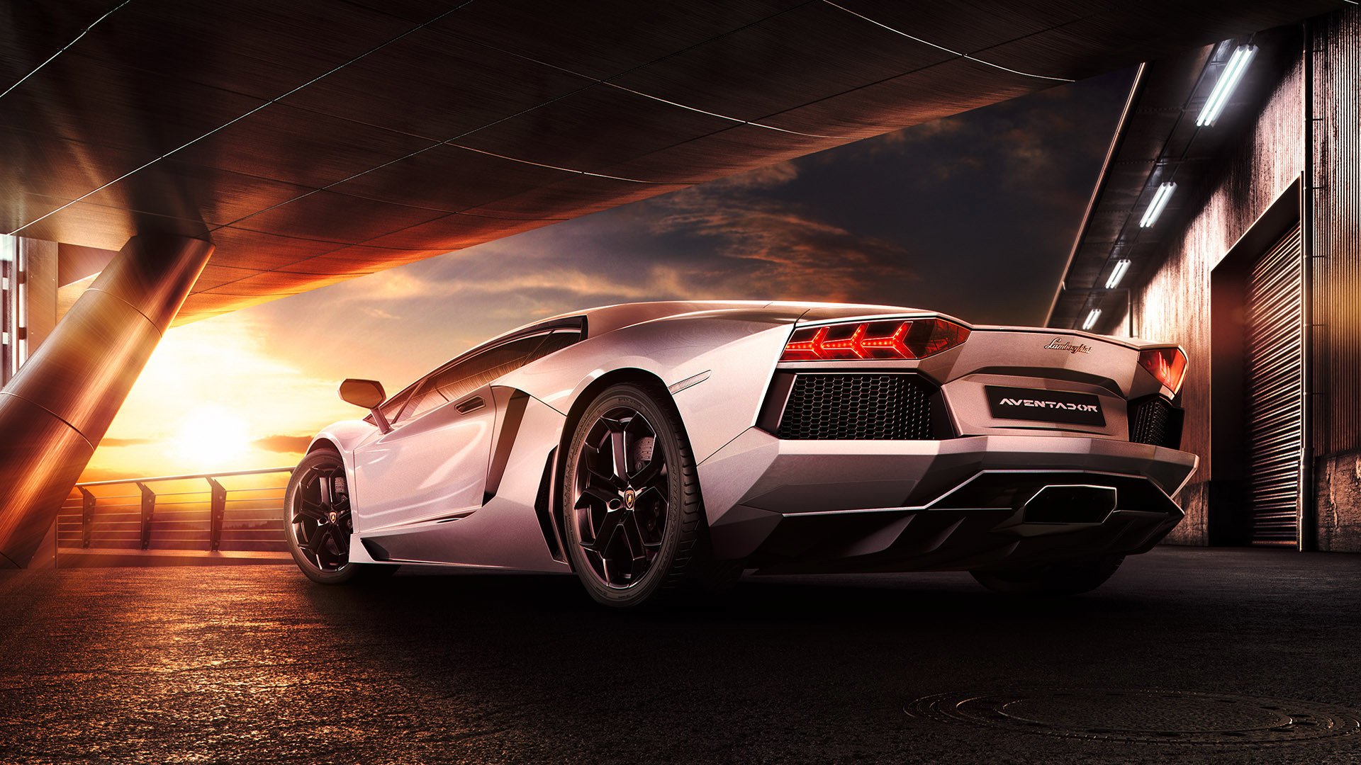 lamborghini aventador lp700-4 supercar sunset sky reflection rear beauty