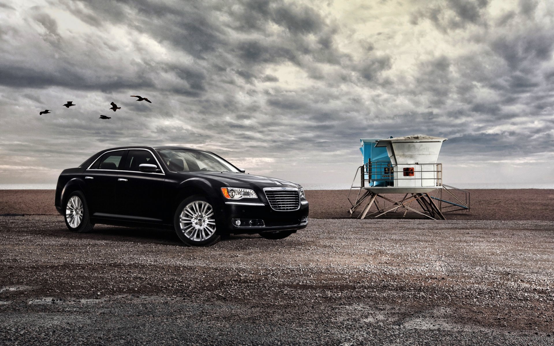 chrysler black machine clouds birds sea rain car sedan