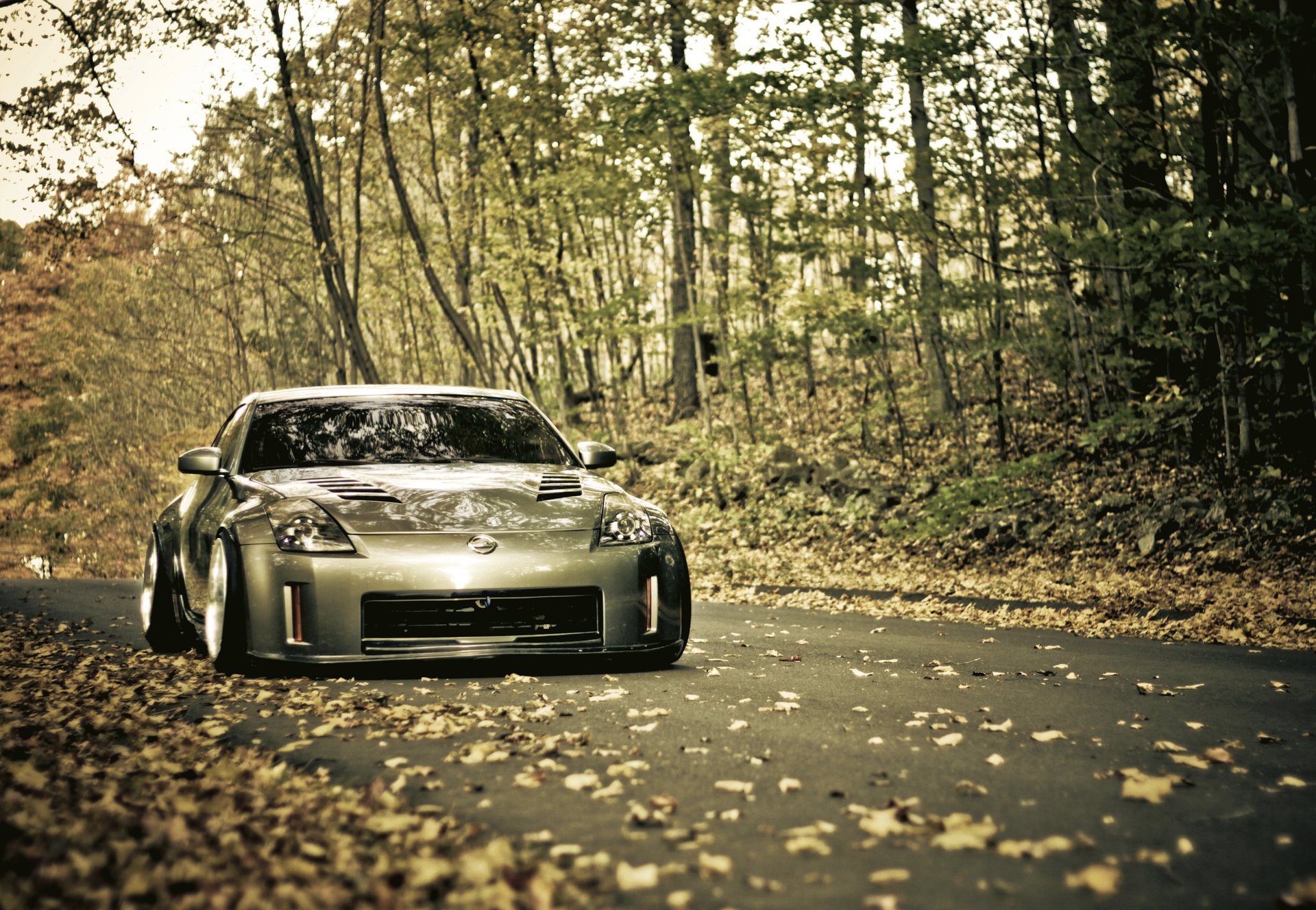 nissan 350z road autumn foliage auto nissan car trees forest silver car passenger cars transport motor transport