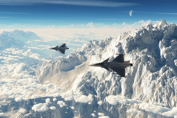 Kampfjets in den schneebedeckten Bergen. Eisberge und Kampfjets
