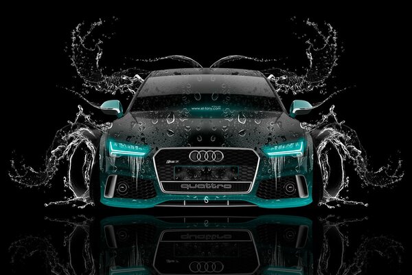 Audi rs7 in black and turquoise on a glossy floor