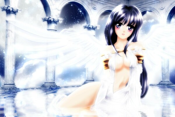 A girl with big breasts and angel wings in anime style
