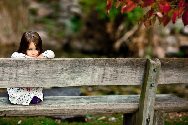 Niña en un banco en un árbol de otoño