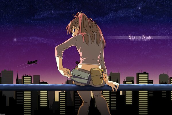 Asuka Langley esperando la ciudad nocturna