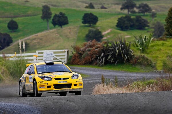 Voiture de sport jaune sur la route pendant le rallye