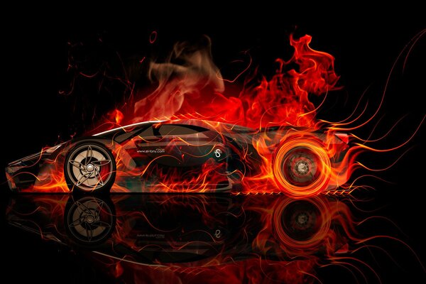Ferrari noire en flamme sur fond noir