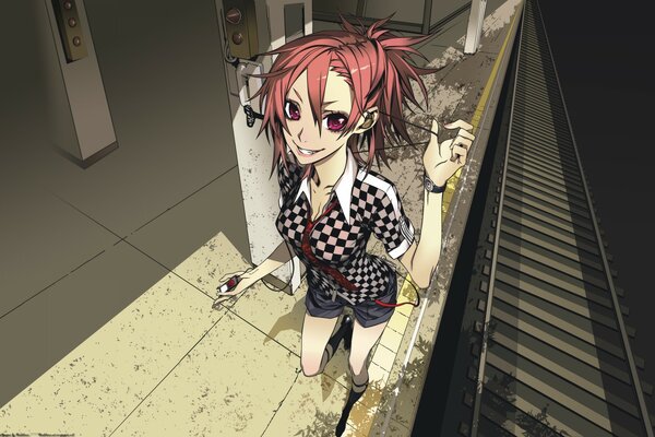 Art of a girl with red hair near the rails