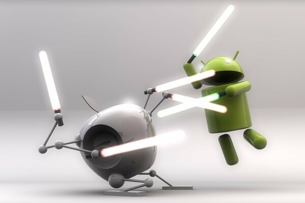 Kampf Roboter Android und Apple auf Schwertern