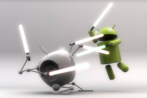 Fighting robot android and apple on swords