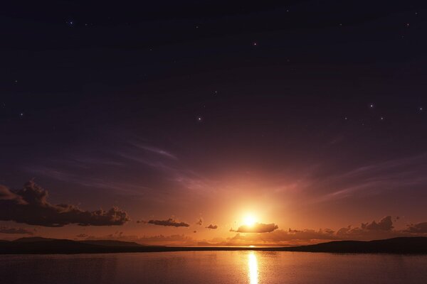 Sonne bei Sonnenuntergang mit Sternenhimmel