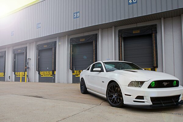 Biały Ford Mustang gt500 na tle garaży