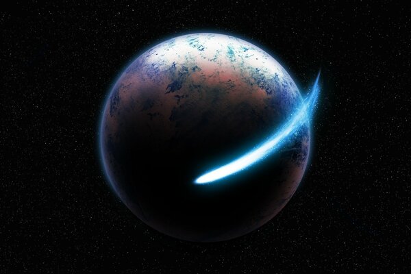 Una cometa vola intorno alla terra. Spazio cosmico