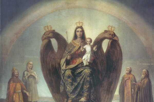Икона со святыми и младенцем, у которых на головах короны