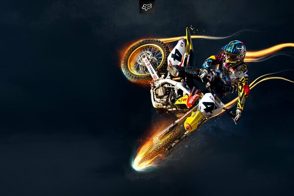 Motorcyclist on motocross in a jump with effects