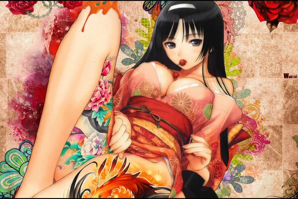 A brunette geisha with lush breasts lies in a kimono. On the sides of the tattoo