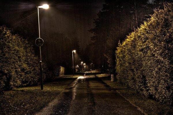 Pluie de nuit dans la ville à la lumière des lanternes