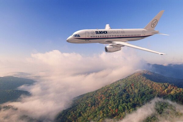 Ein Flugzeug, das in den Wolken fliegt, bereitet sich auf die Landung vor