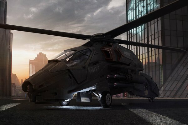 Hélicoptère sur le toit du bureau au coucher du soleil