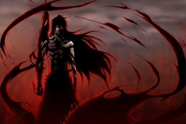 Anime drawing of an intimidating silhouette on a black and red background