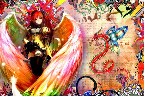 Anime Angel Girl en un fondo brillante con un dragón y una mariposa