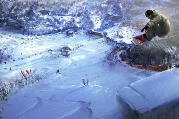 Snowboarder saute sur une route enneigée bel hiver