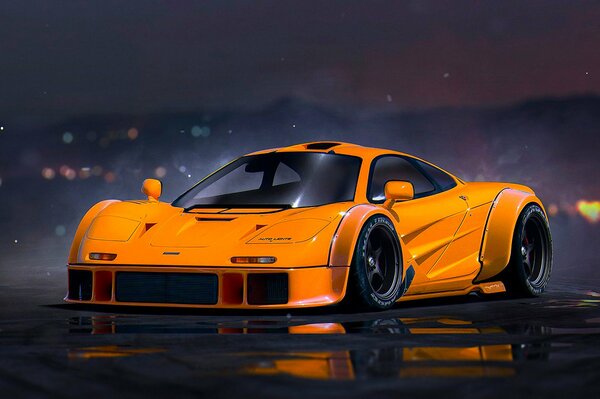 Orange supercar at night on the highway