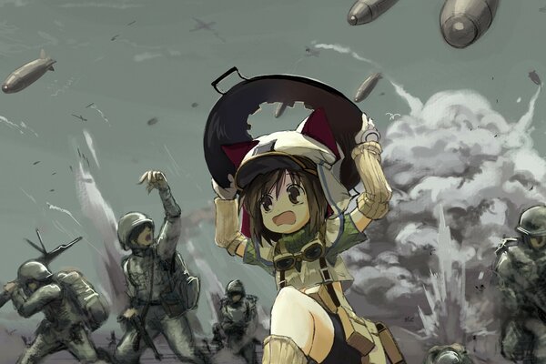 A girl runs under the explosions with soldiers