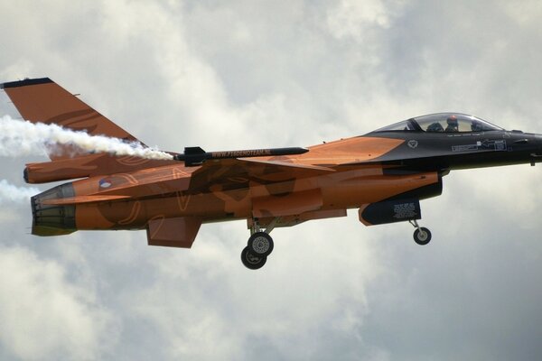 A beautiful F-16 fighter jet in a gray sky