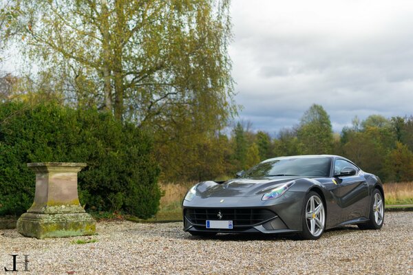 Schwarzer Ferrari berlinetta f12 auf einem Hintergrund von Bäumen