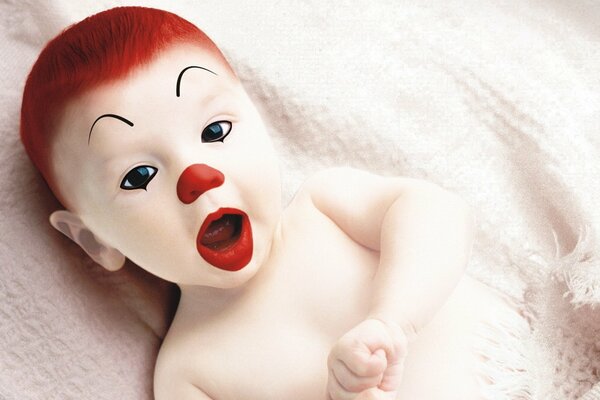 Dziecko umalowane jako klaun z rudymi włosami