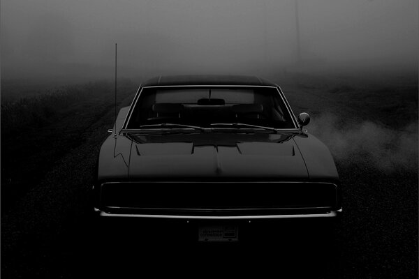 Beautiful car in fog processing