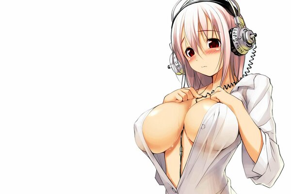 Anime girl with big breasts on a white background